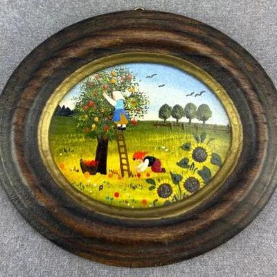 Colorful Swiss Apple Picking Scene Framed Miniature Painting