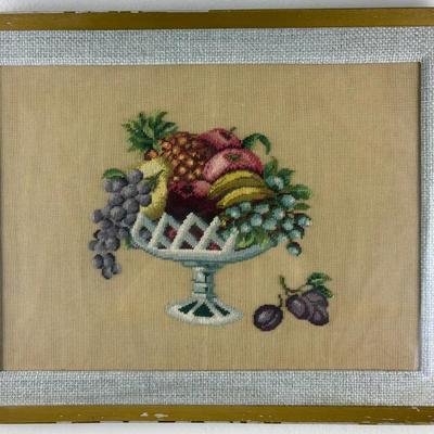 Framed Bucket of Fruit Needlepoint Wall Hanging