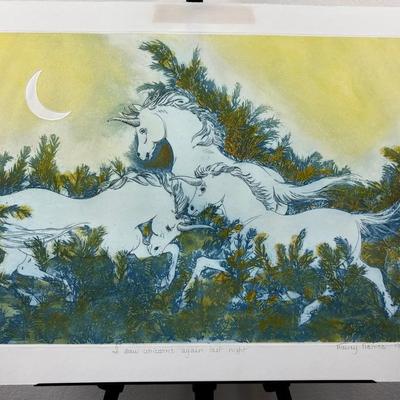 Nancy Nemac - I Saw Unicorns Again Last Night - Signed & Numbered Colored Etching - 1972