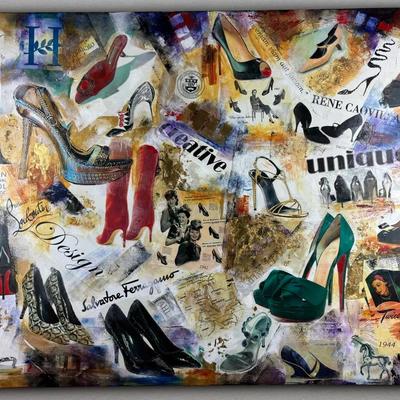 Kathleen Patrick - Large Signed Colorful Original Collage Painting on Canvas