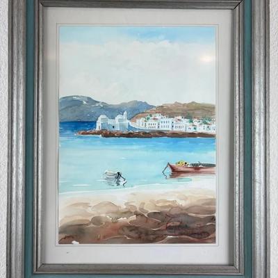 Signed & Framed Seaside Town Original Watercolor
