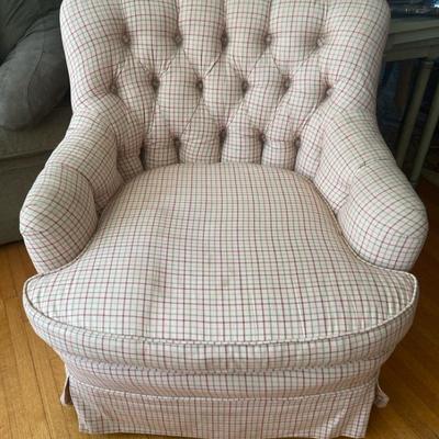 Vintage Custom-Upholstered Tufted Swivel Armchair - Beige Neutral Color