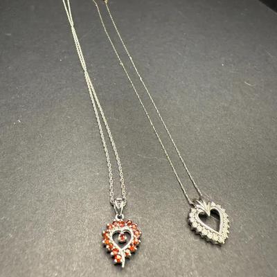Silver Plated Garnet Heart Necklace and 10k Diamond Heart Necklace
