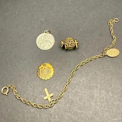 Religious Jewelry 12k Charm Bracelet with Cross and Saint 