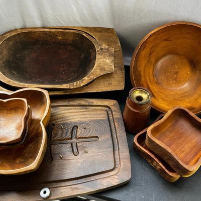 Antique Dough Bowls (2), Teak Salad Bowls, Dansk Candleholder - 9 Pcs