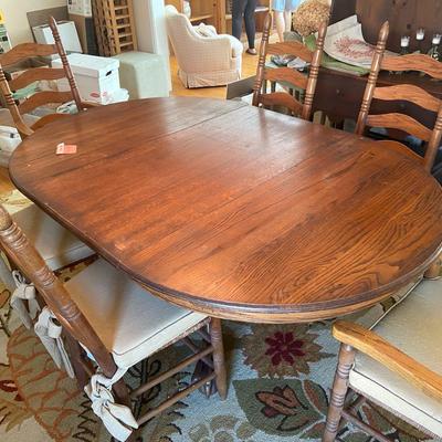Extendable Oak Pedestal Table and Ladderback Rush Chairs with Cushions