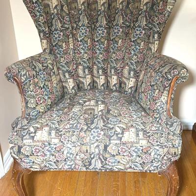 Vintage Wingback Chair, “Tapestry” Jacquard Upholstery - Cabriole Legs