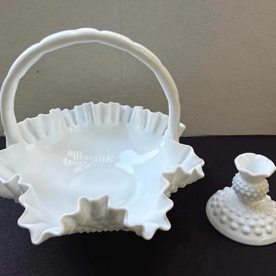 Fenton Hobnail Milk Glass Basket 9x12” and Milk Glass Candle Holder