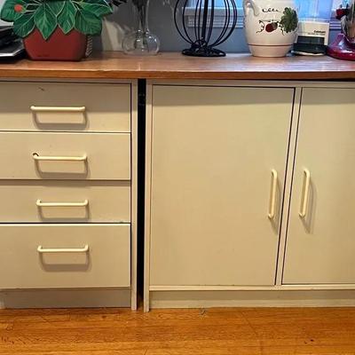 Melamine Storage Cabinets - White Engineered Wood with Faux Oak Removable Countertop