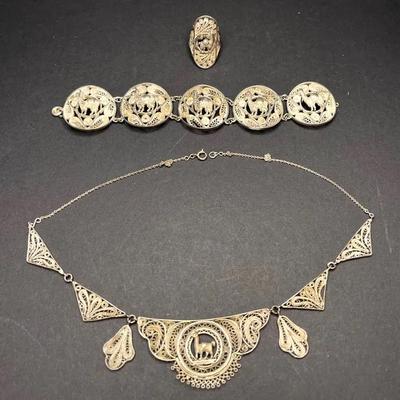 Antique Egyptian Silver Filigree “Camel” Bracelet, Necklace, Ring Suite