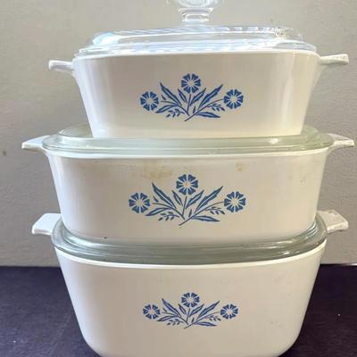 Blue Cornflower Corning Ware Casserole Dishes and Lids, 3 Sets