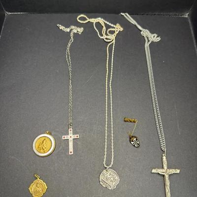 Two Tone Religious Vintage Jewelry: Necklace, Pin, Pendants - Catholic, Christian 