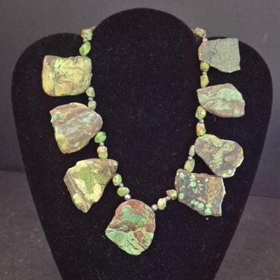 Vintage Green Turquoise Slices & Beads Necklace with Sterling Leaf Closures
