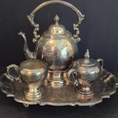 Vintage 3-Piece Tea Set on Leonard Electroplated Intricately Etched Footed Tray