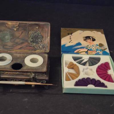 Vintage 1940s Bronze Chrysanthemum Inkwell & Calligraphy Pen Set and Asian Excellence Cho Cho San Incense Cones
