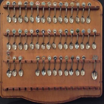 Vintage State Spoon Collection - 44 of the 50 States - Medium Wood Display Included