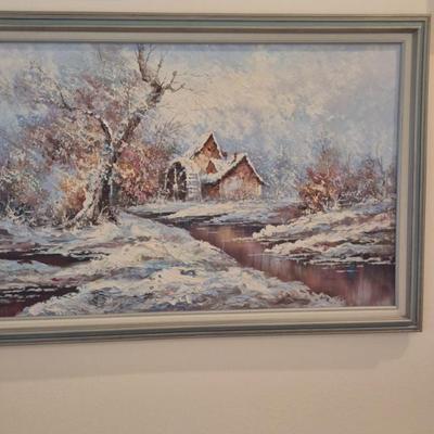 Signed Framed Vintage 1960s Marie Charlot Oil on Canvase - Winter Landscape - 40" x 28"