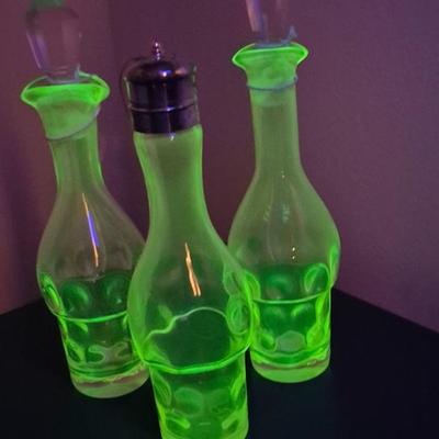Vintage Set of 3 Uranium Glass Cruets