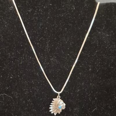 Vintage Sterling & Turquoise Native American Head Charm on 20" Spring Ring Clasp Chain - TW 6.0g