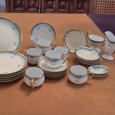 Antique 1850s-1925 Limoges "Forget-Me-Not Gold Trim" High Tea Set - 28 Pieces in All (See Description)