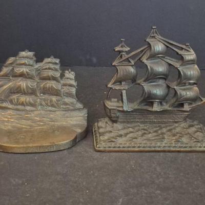 Vintage Bradley & Hubbard Cast Bronze Dreadnaught & Other Cast Bronze Galleon Bookends