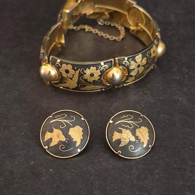 Vintage Damascene Bracelet & Clip-On Earring Set