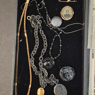 Vintage Display of Mourning Jewelry - Display Case Included