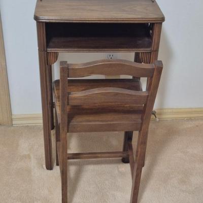Vintage Solid Wood Telephone/Student Desk & Chair - Desk: 18" x 13" x 28"