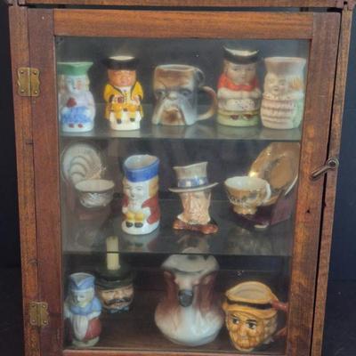 Vintage Small Display Cabinet Full of Miniature Toby Style Mugs & Demitasse Cups