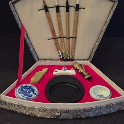 Vintage 1950s Chinese Calligraphy Set in Velvet Lined, Silk Wrapped Box