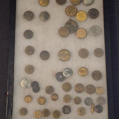 Vintage Display of Railroad Buttons - Display Case Included