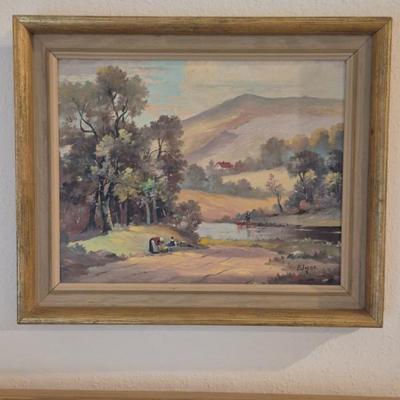 Signed Framed Vintage Oil on Board by Elyse - Rural Landscape - 12" Square