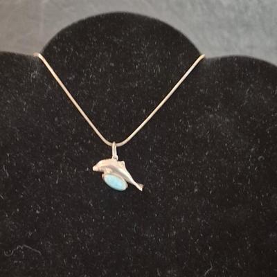 Vintage Sterling Larimar Dolphin Charm on 15" Lobster Claw Clasp Chain - TW 6.0g