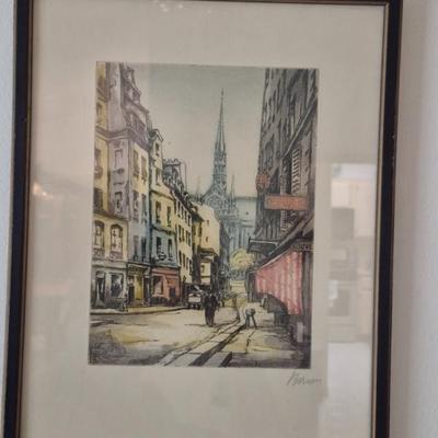 Signed Framed Vintage "Paris Street Scene" by Marcel Julien Baron - 11" x 13"