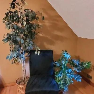 Black Fabric Chair and (2) Faux Plants