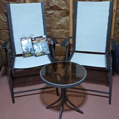 (2) Folding Patio Chairs, Table and Plastic Chair Covers