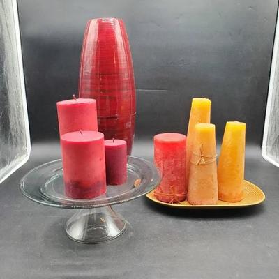 (7) Candles, (2) Trays & (1) Lacquerware Container