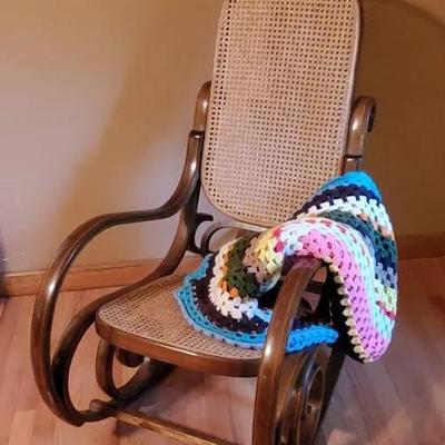 Vintage Bentwood Rocking Chair and Handmade Afghan 