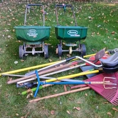 Assortment of Garden Tools and (2)Fertilizer Spreaders