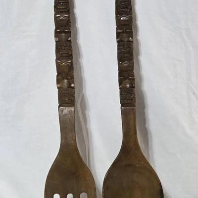 Vintage Carved Wood Spoon and Fork