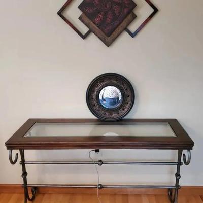 Metal/Wood/Glass Table, Round Resin Mirror, Metal Art