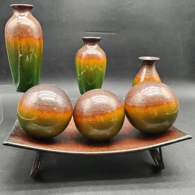 (3) Bottle Vases and (3) Colored Balls on a Stand