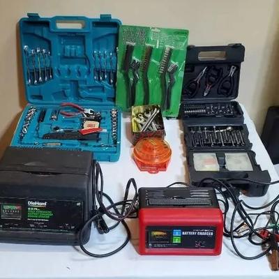 Variety Of Wrenches, Sockets, Wire Brush Set and (2) Battery Chargers