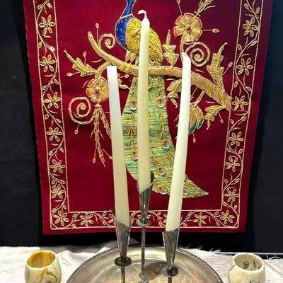 Peacock themed tapestry silver candle holder & more