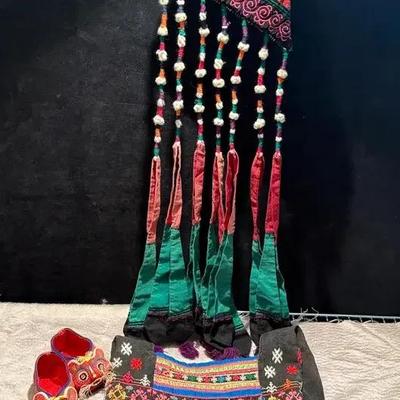 Embroidered hobo bag childs slippers & waist accessory