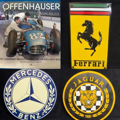 Mercedes ferrari, jaquar metal signs & offenhauser hardback