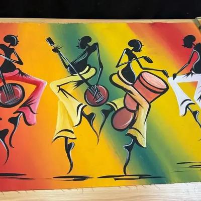 Artist signed african art depicting musicians and dancers