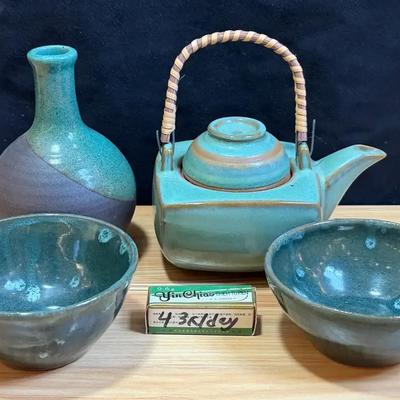 Raku vase tea pot & complementing bowls