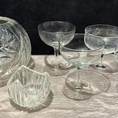 Crystal rose bowl and glasses