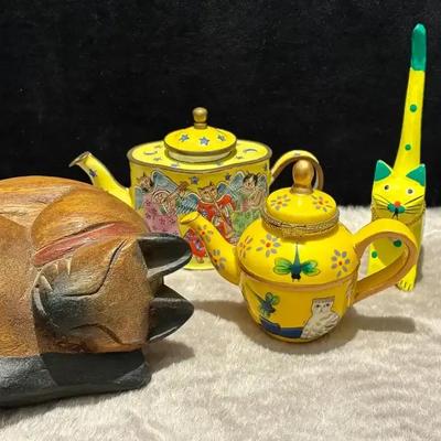 Carved wooden cat enamel mini teapot and more